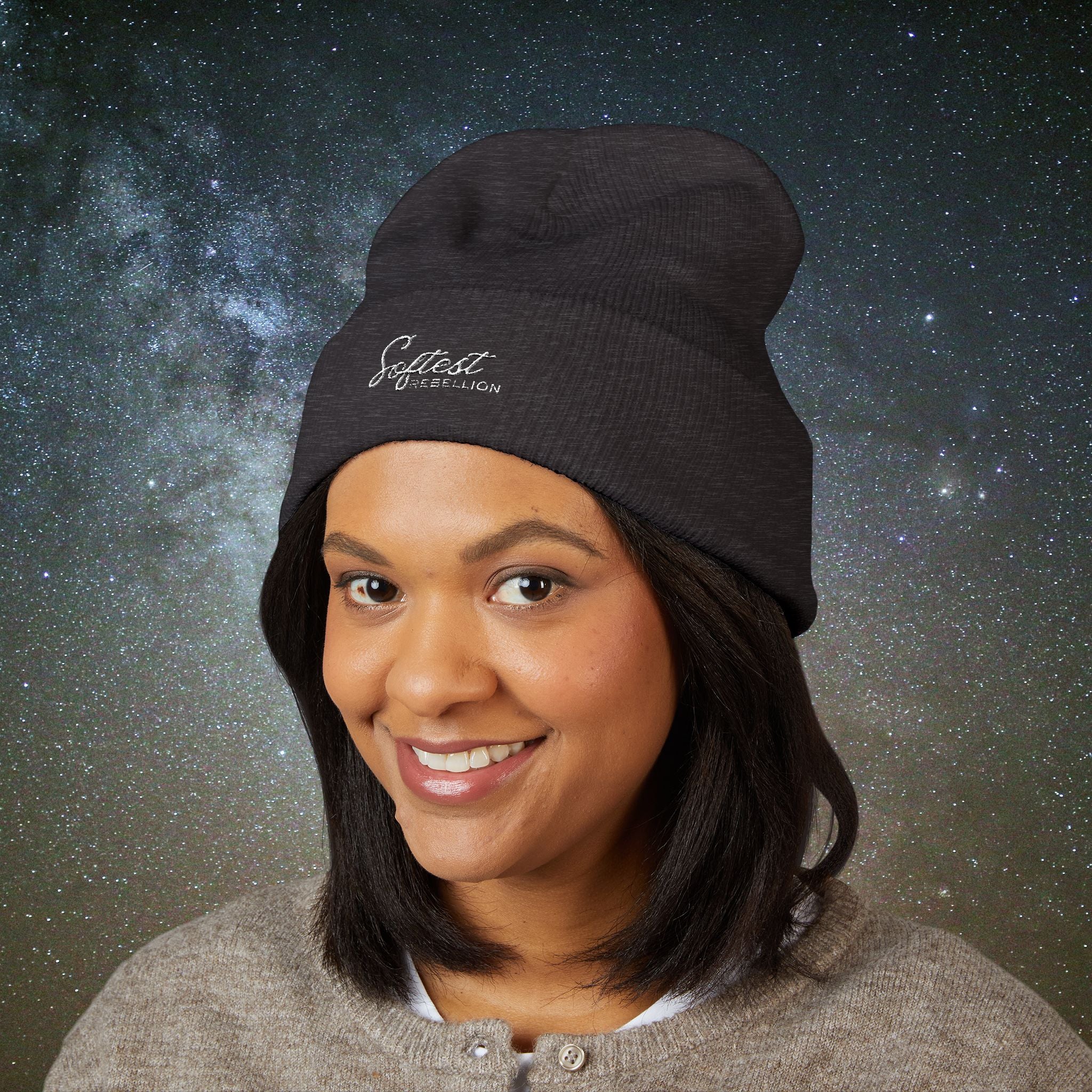 Softest Rebellion™ Minimalist White Embroidered Logo Beanie